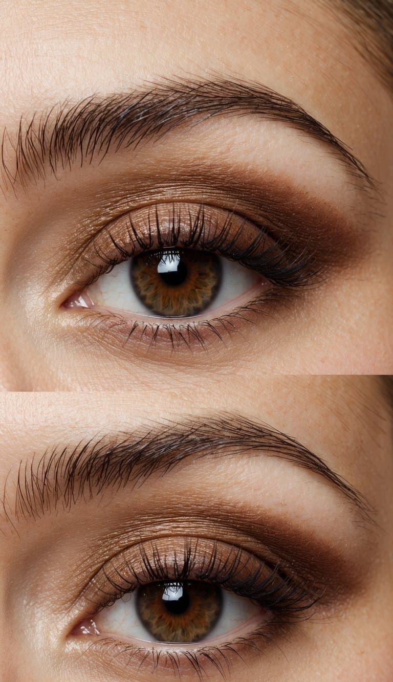 Close-up of a person’s eye with well-defined eyebrows and brown eyeshadow.