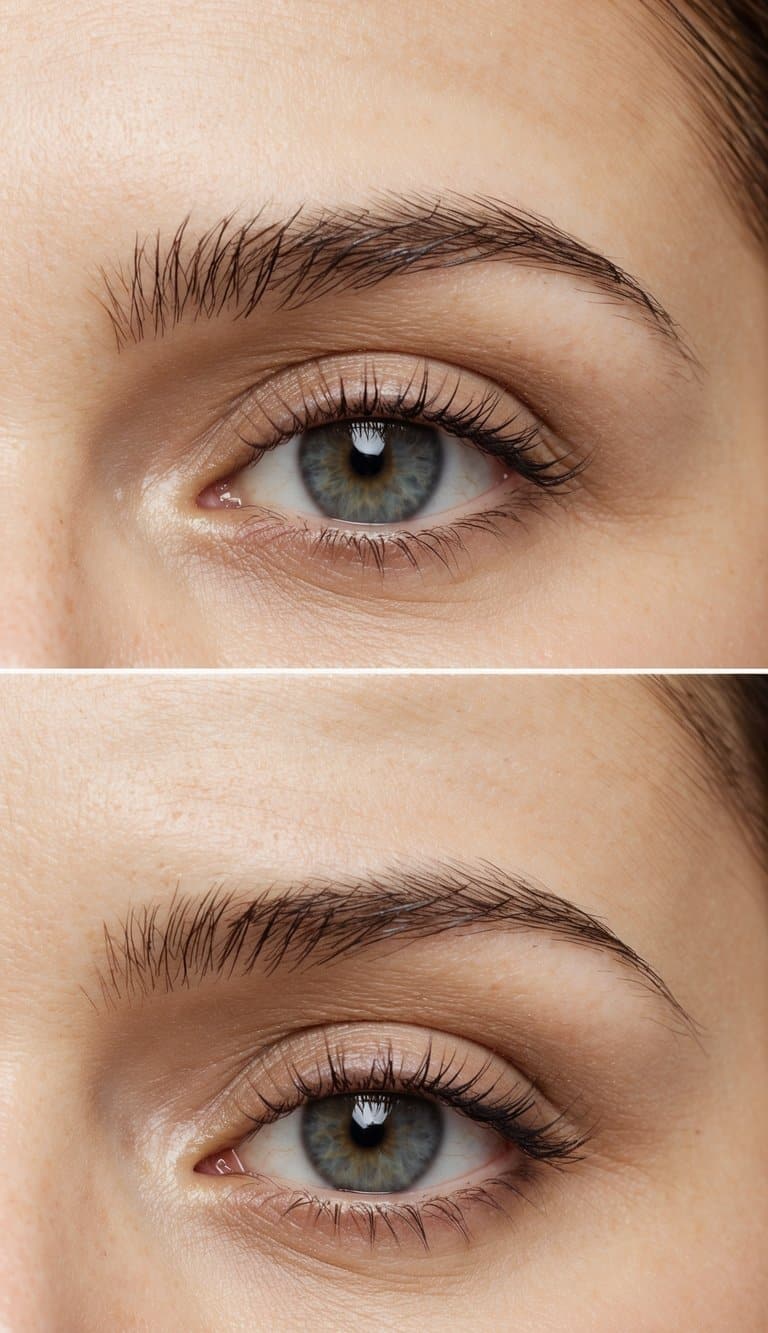 A close-up of a bare eye with subtle, natural-looking makeup, featuring soft, neutral tones and a touch of mascara