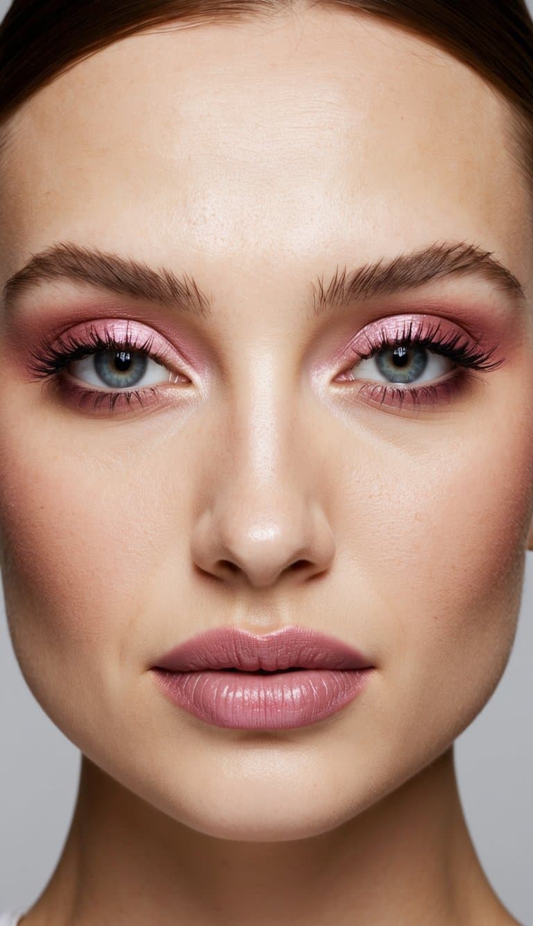A soft pink eyeshadow base applied to a smooth, youthful canvas