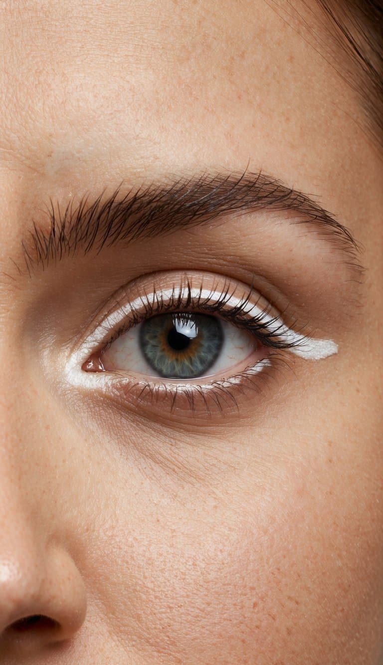 A close-up of a single eye with simple white eyeliner on the waterline