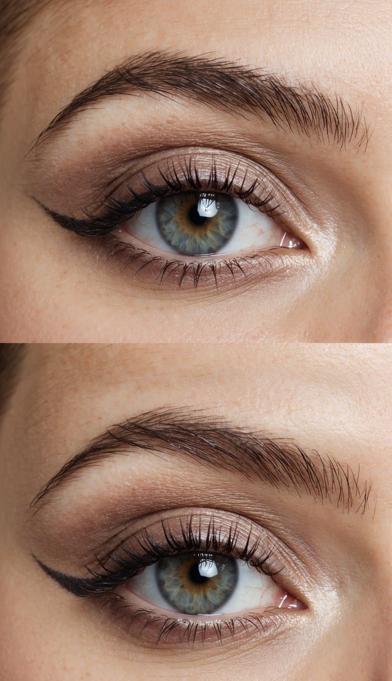 A close-up of a pair of eyes with a simple two-tone eye makeup look, featuring a light shade on the lid and a darker shade in the crease
