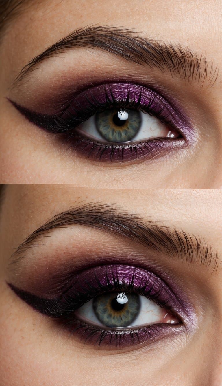 A close-up of an eye with deep plum eyeshadow in the outer corner, creating depth and dimension