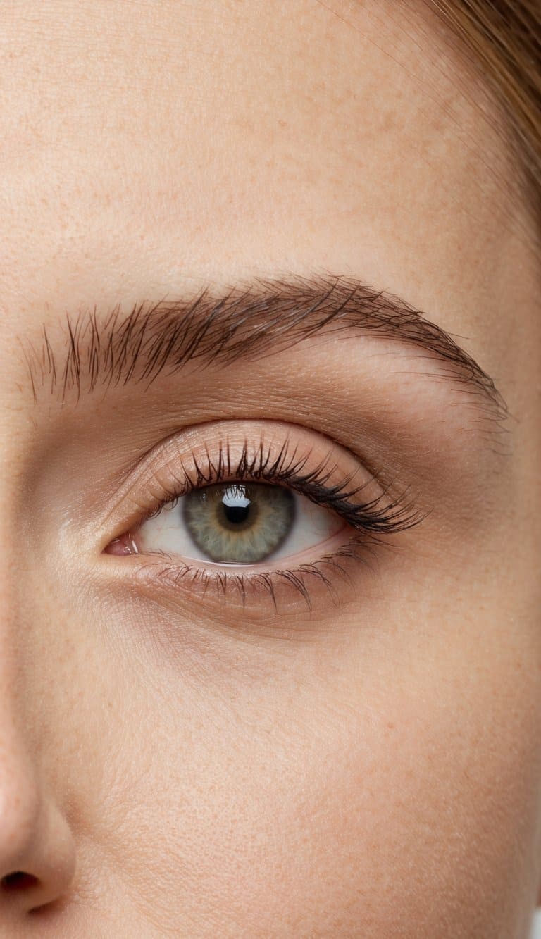 A close-up of an eyelid with matte beige eyeshadow applied all over, creating a soft and natural look