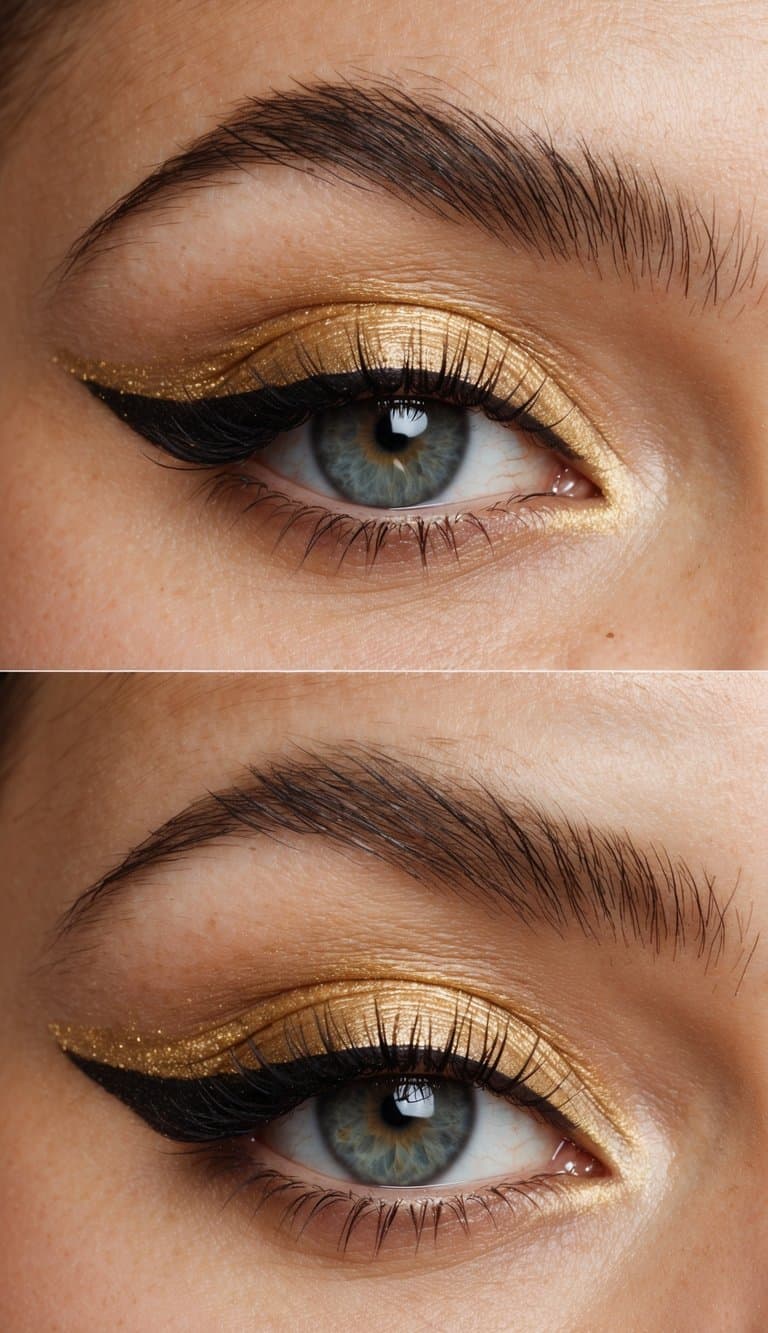 A close-up of an eye with a golden shadow on the lower lash line