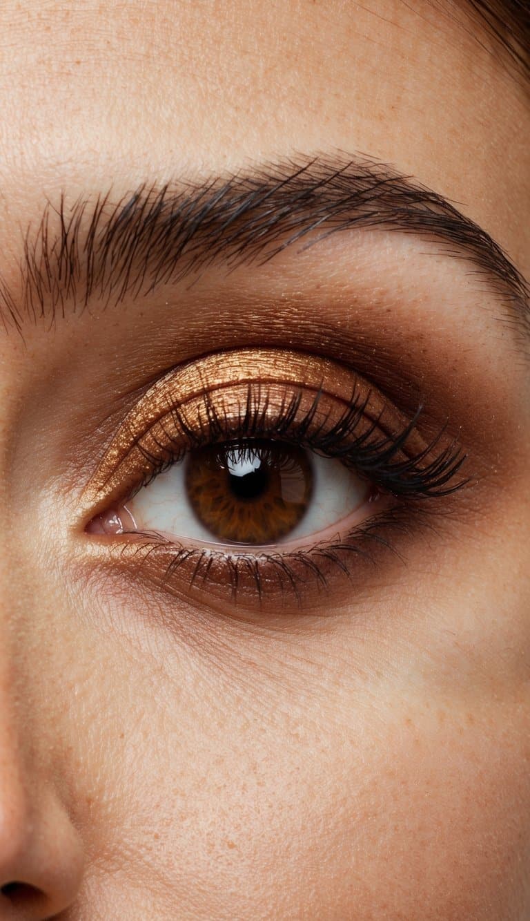 A close-up of an eye with copper and chocolate brown eyeshadow, perfectly blended and shimmering