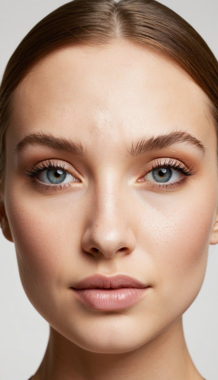 Soft, natural light illuminates a fresh-faced model with minimal eye makeup, showcasing a radiant and youthful glow