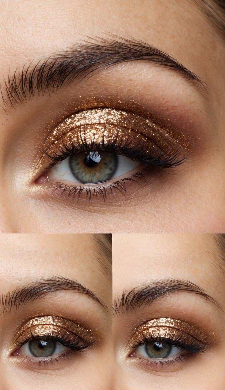 A close-up of an eyelid with a light dusting of bronze glitter, creating a shimmering and effortless eye makeup look