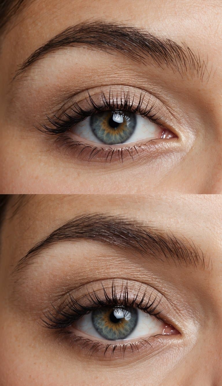 A close-up of an eye with cool beige matte transition eyeshadow