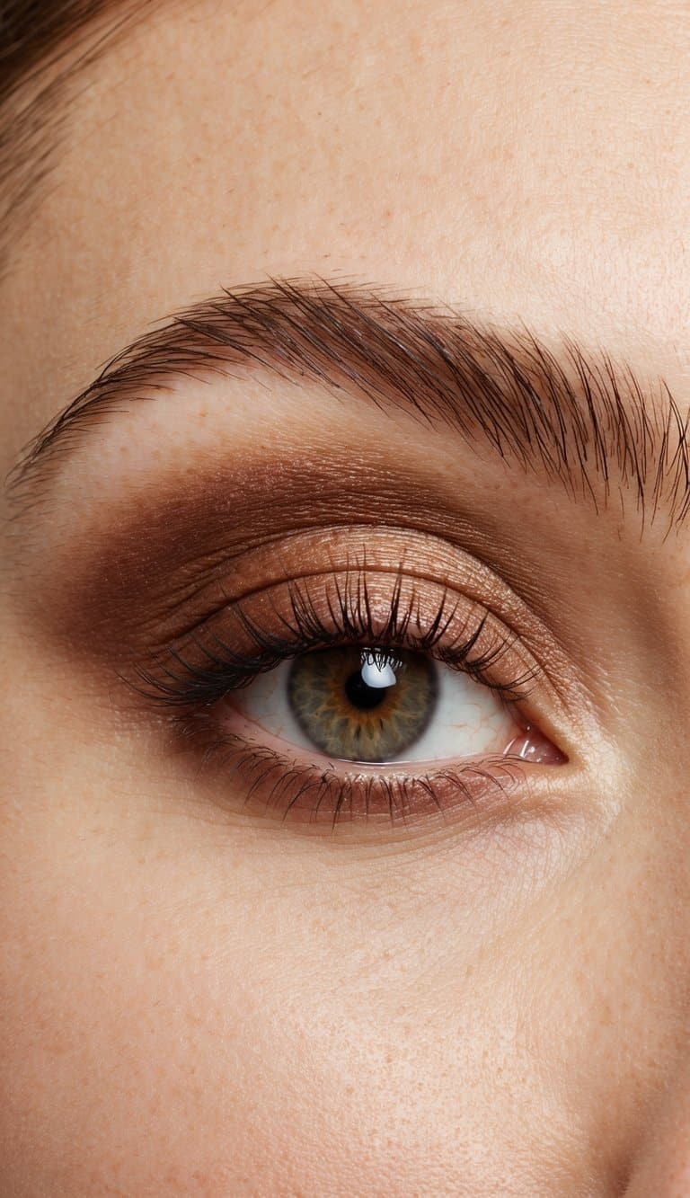 A close-up of an eyelid with soft brown eyeshadow blending into a lighter shade, creating a subtle and natural transition