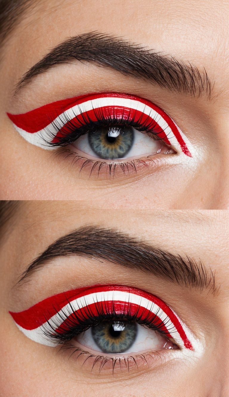 Red and white candy cane striped eyeliner on a bright, playful eye makeup look
