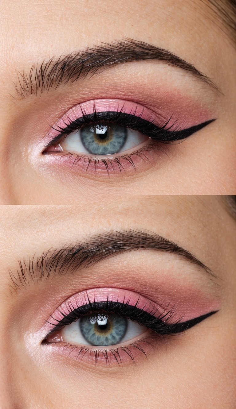 Soft pink eyeshadow applied with precision, complemented by bold winged liner for a playful and cute eye makeup look