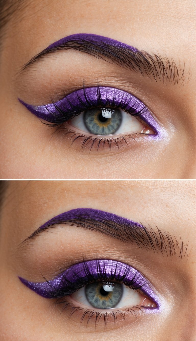 Shimmery purple eyeliner drawn along the lower lash line, adding a playful touch to the eye makeup