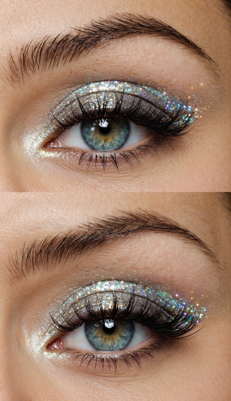 A glittery eyelid with an iridescent fairy dust effect, adding a playful touch to the eye makeup