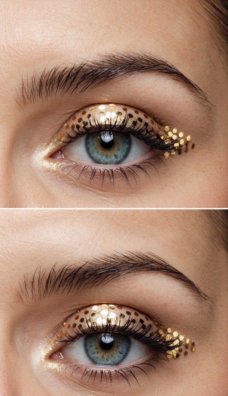 Eyelids adorned with metallic gold dotted eyeliner, creating a playful and cute eye makeup look