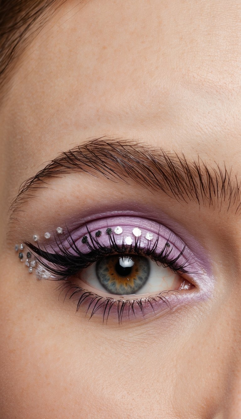 Lavender eyeliner with silver dots on a closed eyelid