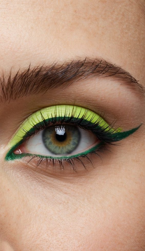A close-up of an eye with neon green liner and a subtle cat-eye flick, adding a playful touch to the makeup look