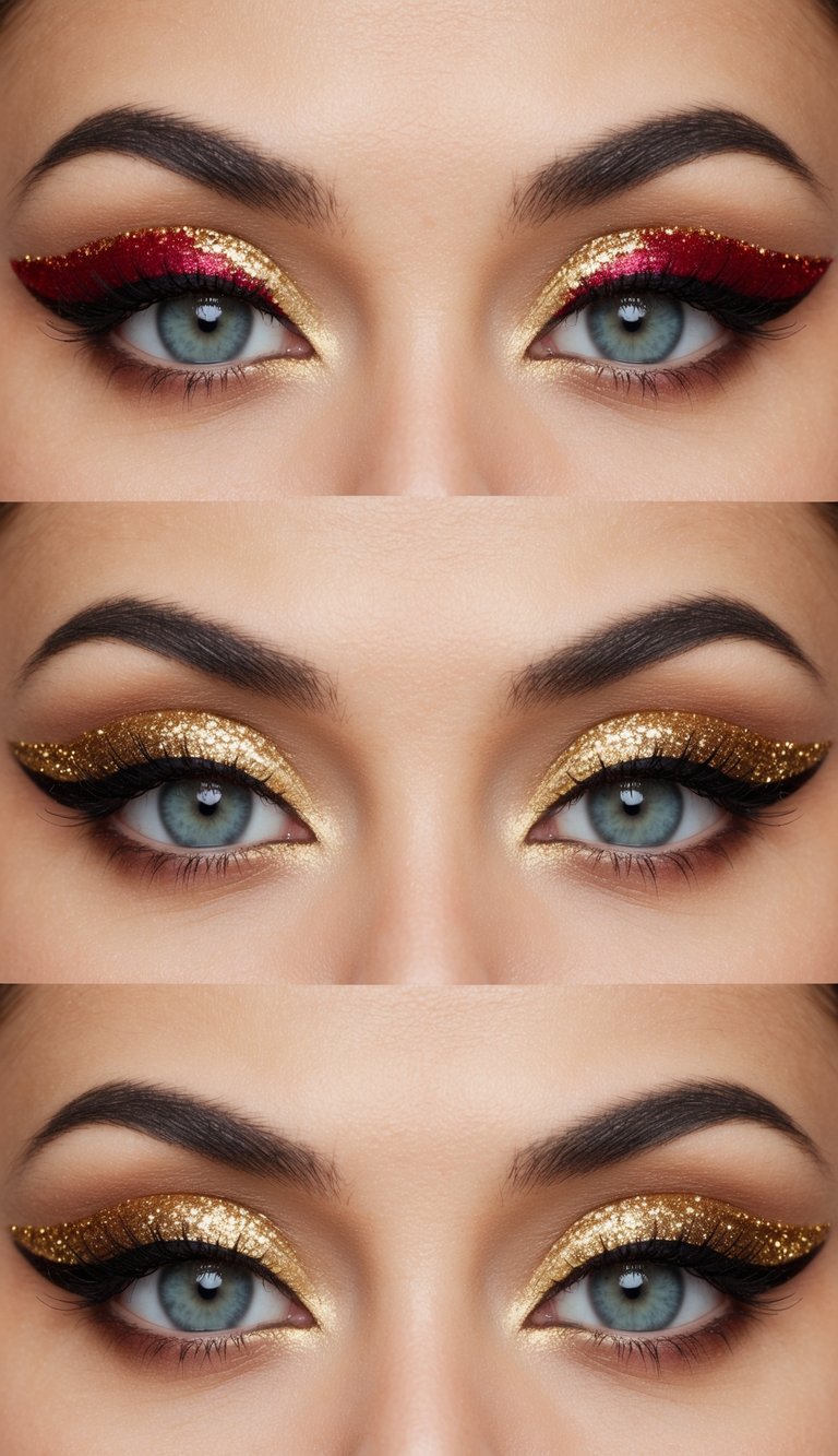 Crimson eyeliner with gold glitter, playful and bold, adorns a pair of closed eyes, adding a touch of whimsy and charm