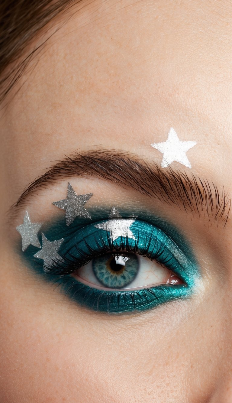 Teal eyeshadow with silver star stamps on eyelids