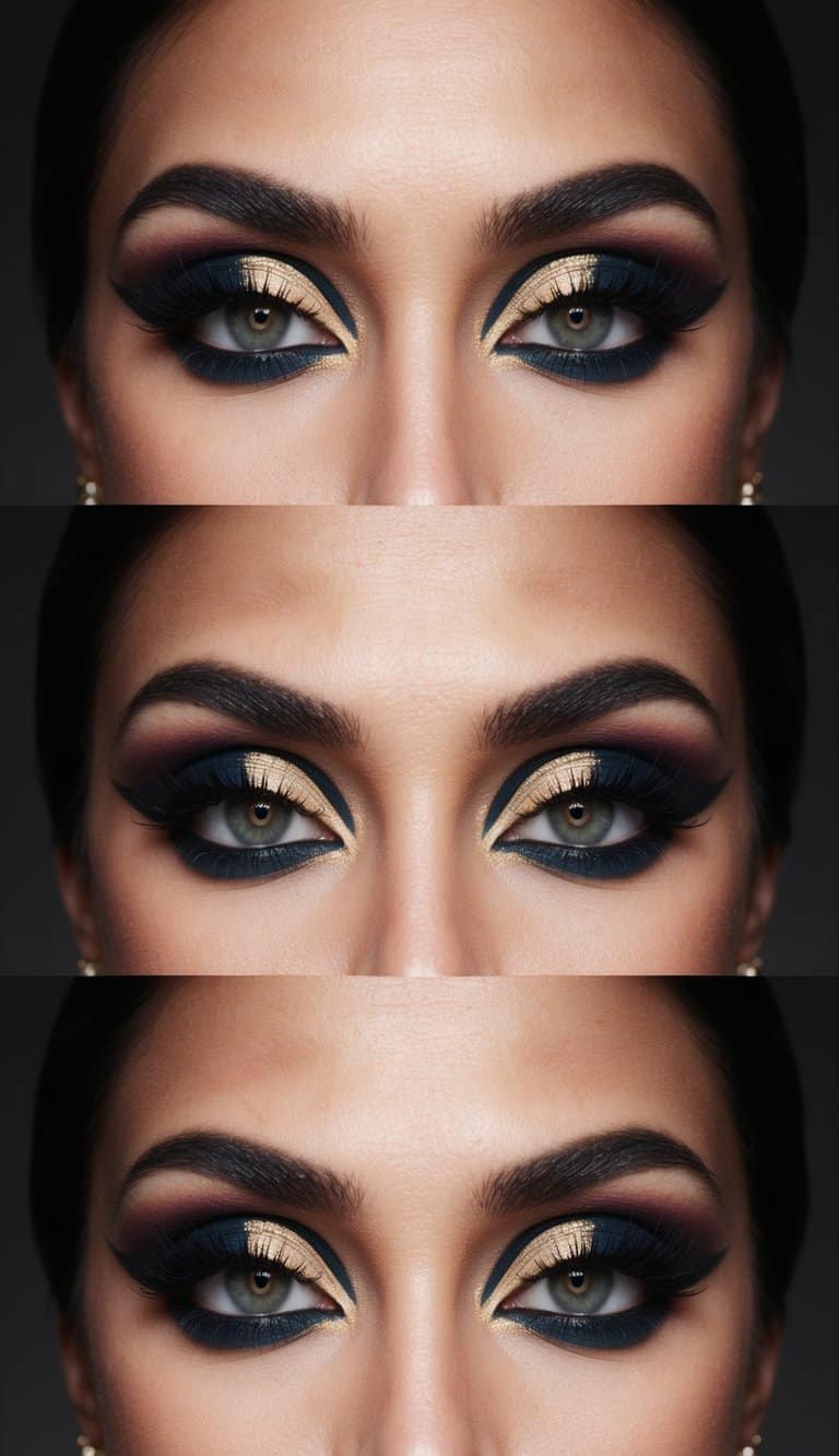 A close-up illustration of a dramatic eye makeup look with bold colors and intricate details, set against a dark and elegant background