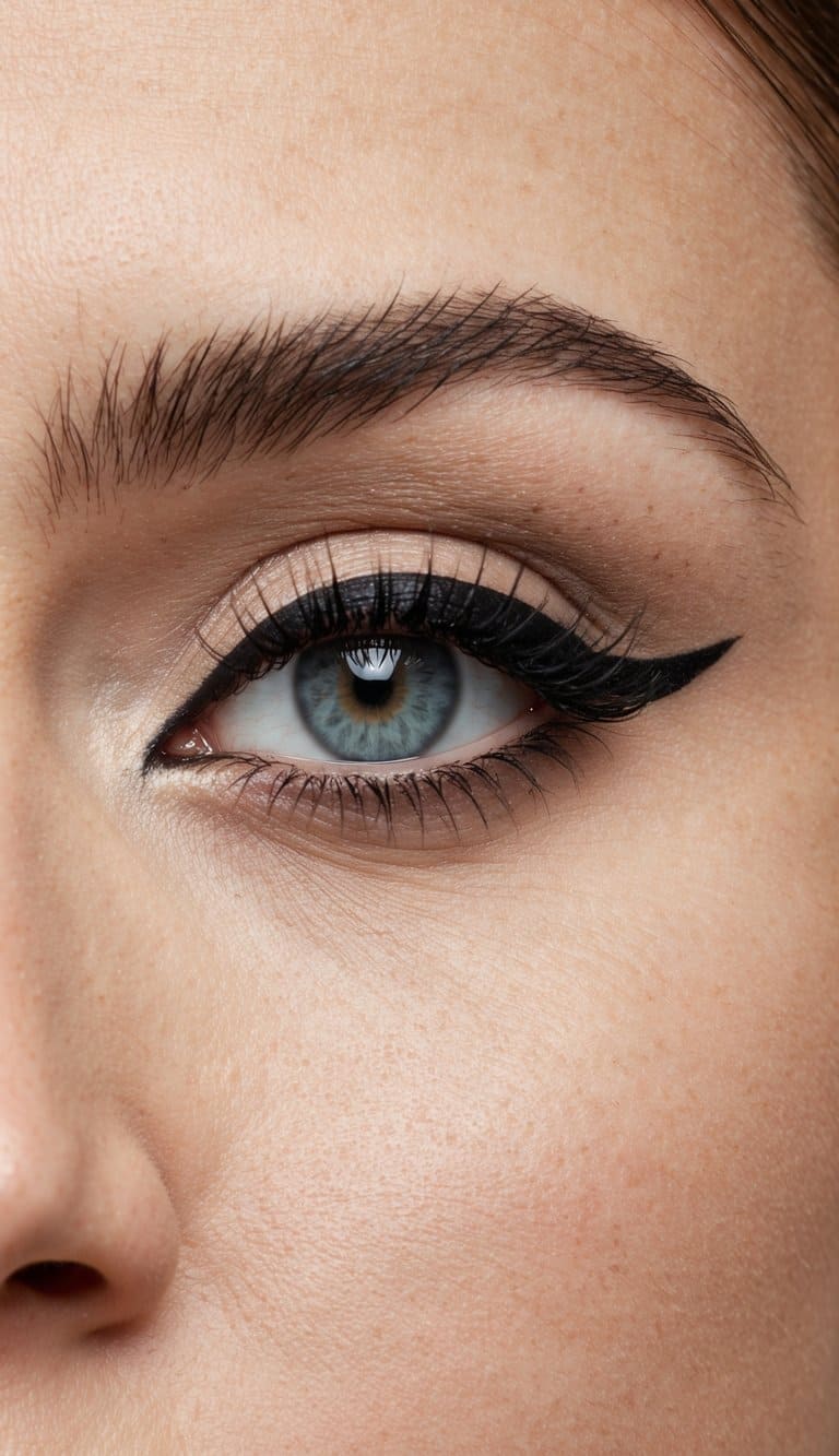 A close-up of a classic winged eyeliner look with matte shadow, creating a sophisticated and elegant evening eye makeup look