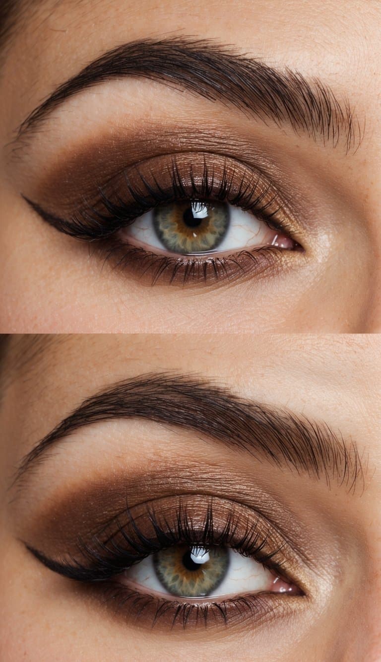 A close-up of a soft brown smokey eye makeup look on hooded eyes, with a sophisticated evening background