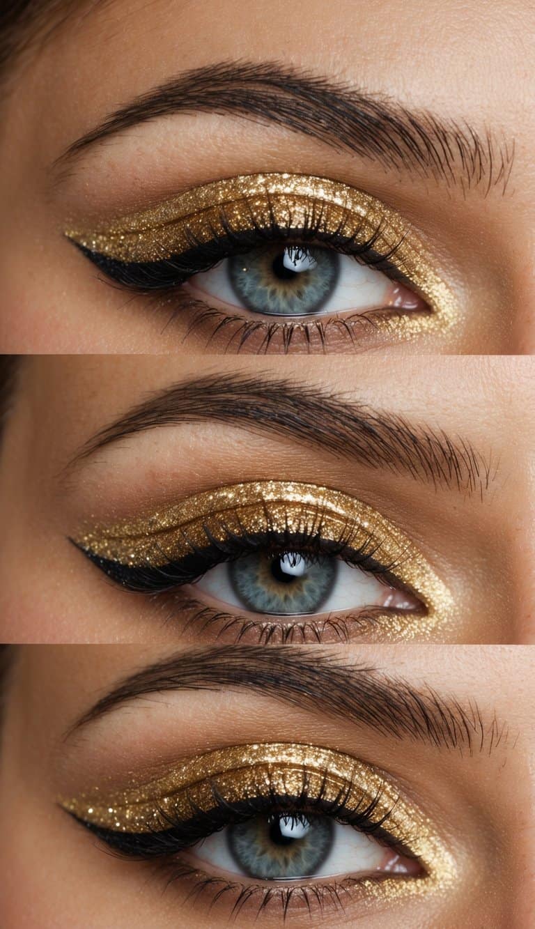 A close-up of a sparkling gold eyeshadow on the lid, with a sophisticated and glamorous evening makeup look