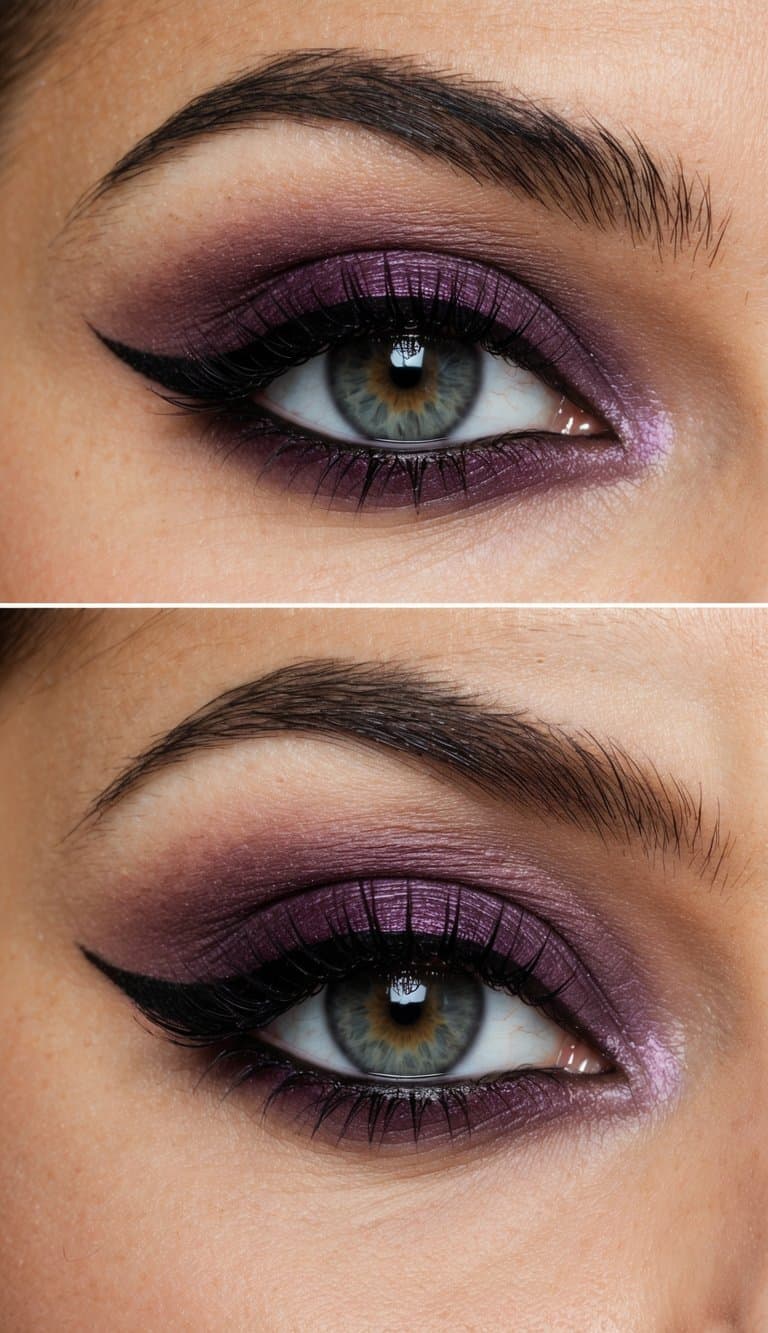 A close-up of a deep plum eyeshadow with bold black eyeliner, creating a sophisticated evening makeup look