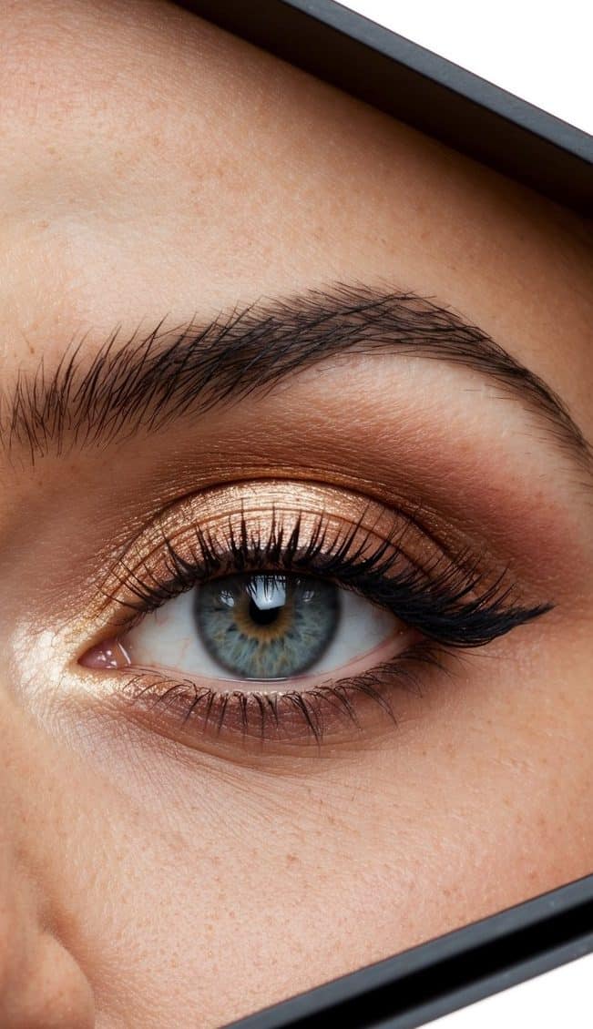 A close-up of an eye with a rose gold smokey eye look, surrounded by a sophisticated evening setting