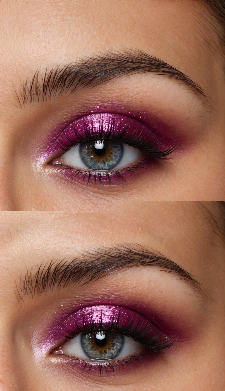 A close-up of an eye with a magenta shadow and fine glitter gradient