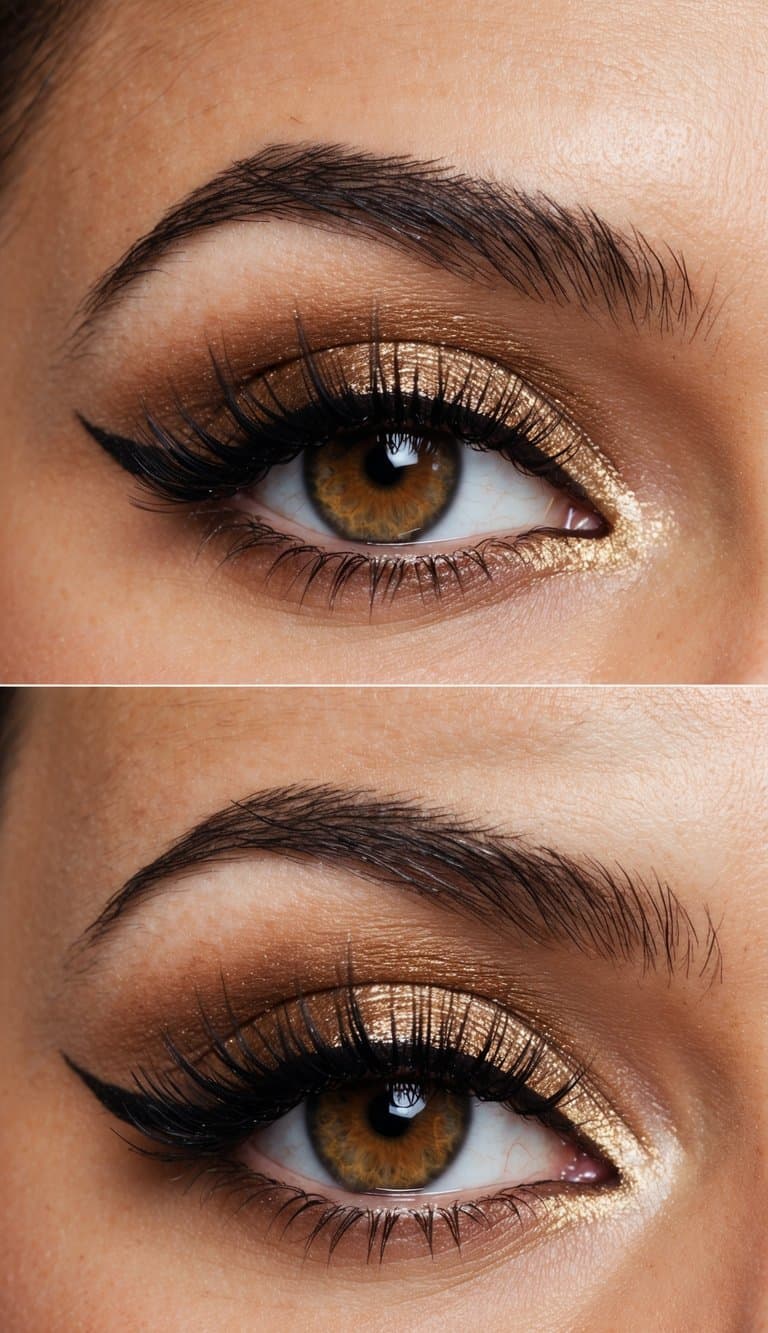 A close-up of bronze shimmer eyes with bold black mascara, creating a sophisticated and glamorous evening makeup look