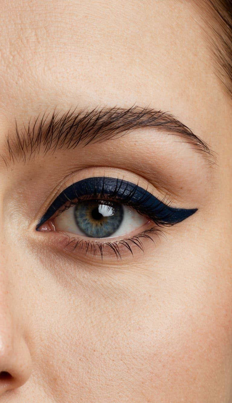A close-up of a navy blue eyeliner applied on the eyelid, paired with a neutral cream shadow, creating a sophisticated evening makeup look