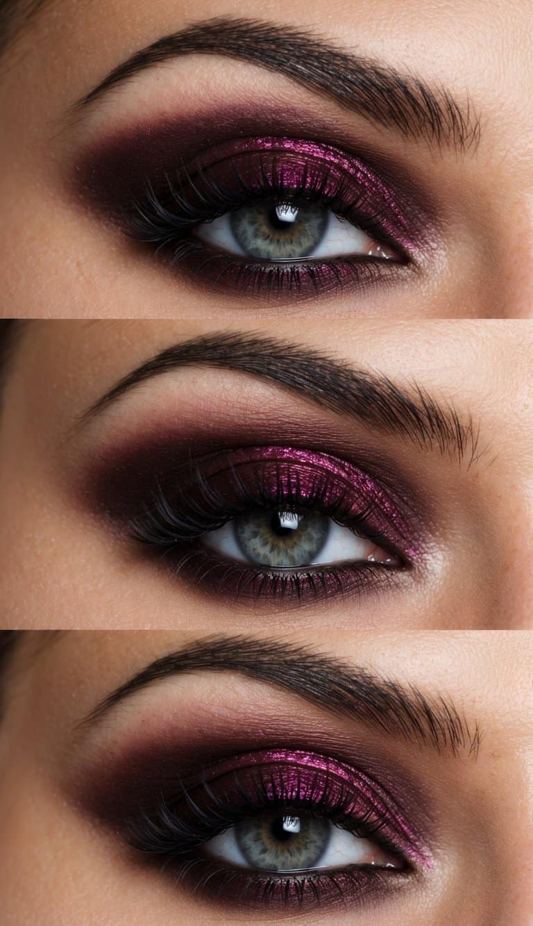 A close-up of a smoky eye with rich burgundy velvet eyeshadow blending into a dark, sultry evening makeup look