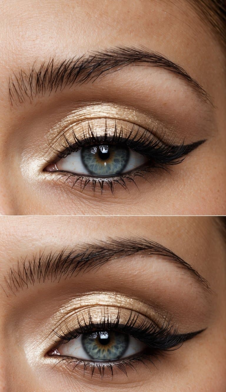 A close-up of an eye with a champagne shimmer highlight on the inner corners, creating a sophisticated evening makeup look
