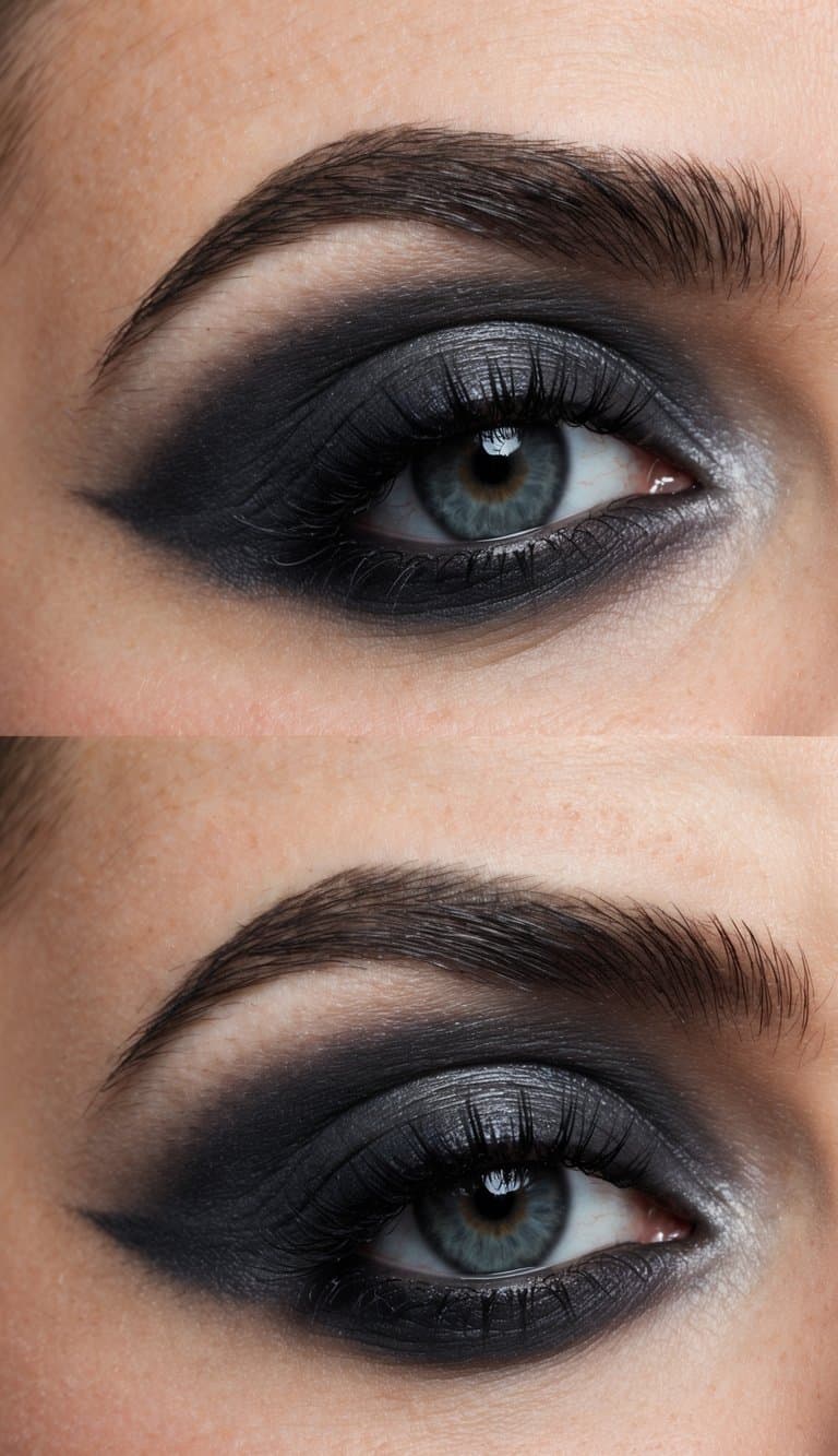 A close-up of a charcoal grey smokey eye makeup look with dramatic shading and blending for a sophisticated evening out