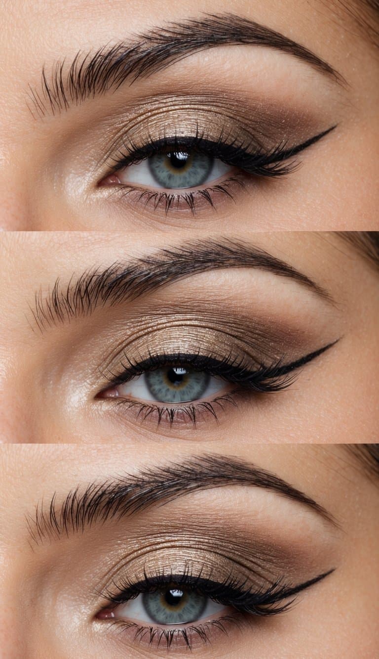 Soft taupe eyeshadow swept across the eyelids, paired with a thin winged liner for a sophisticated evening look