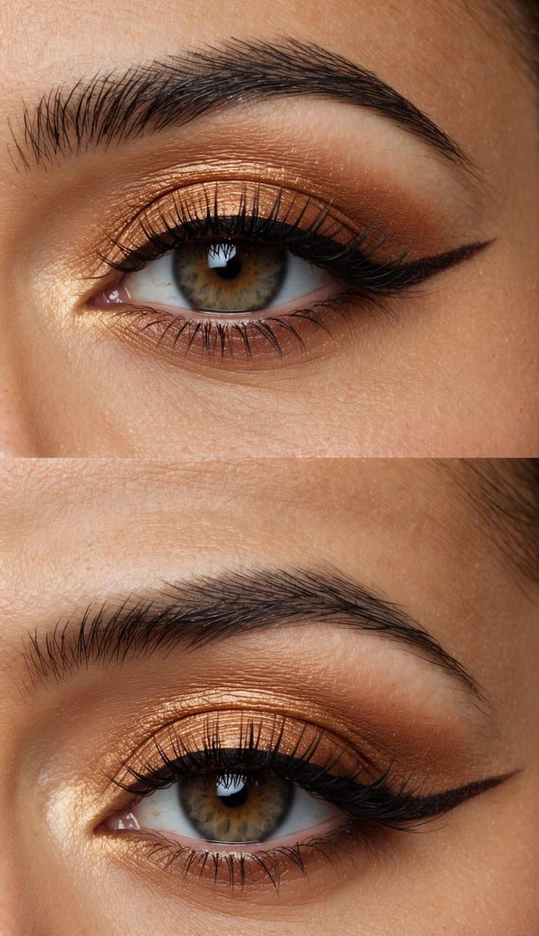 A close-up of a warm copper eyeshadow with brown liner, creating a sophisticated evening makeup look