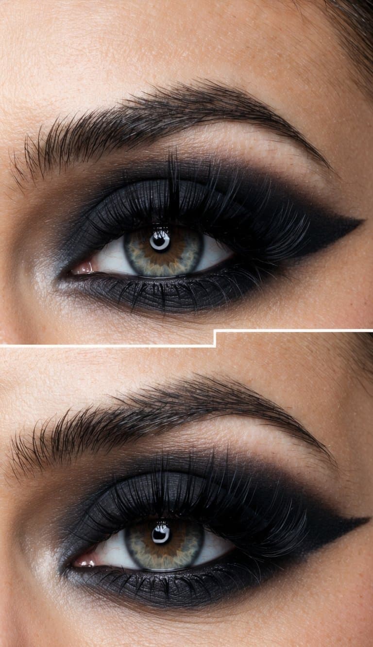 A close-up of a dramatic matte black smokey eye with voluminous lashes, creating a sophisticated evening makeup look