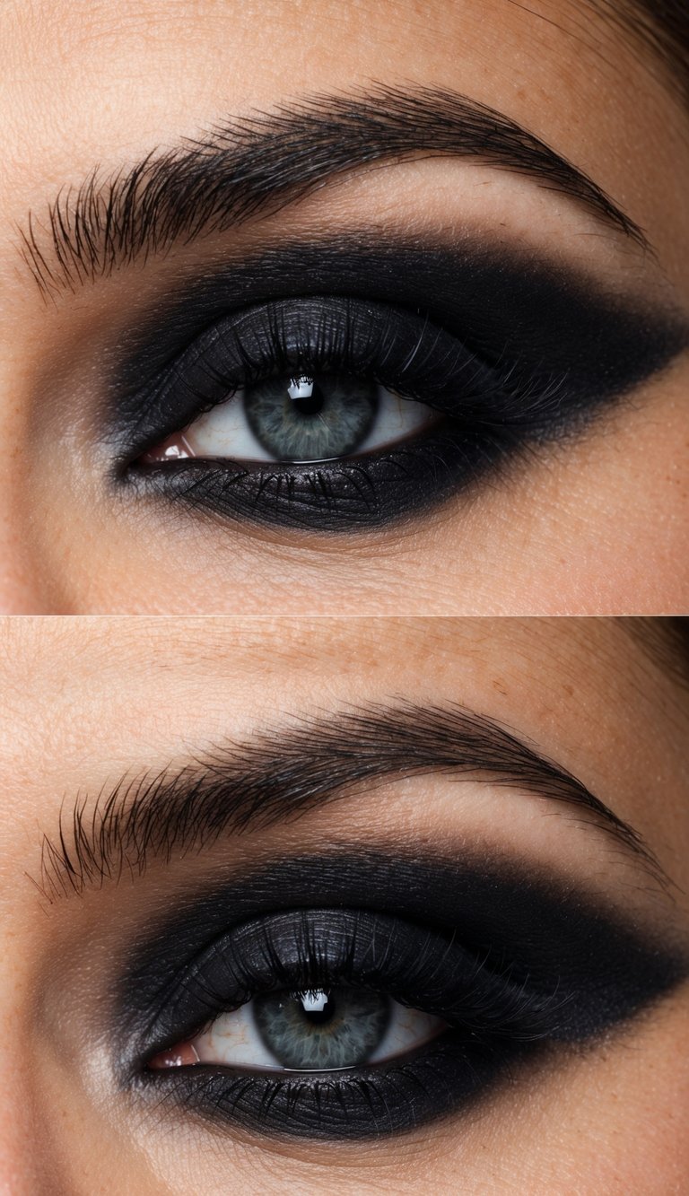 A close-up of a dramatic eye with a classic smokey look using matte black shadow