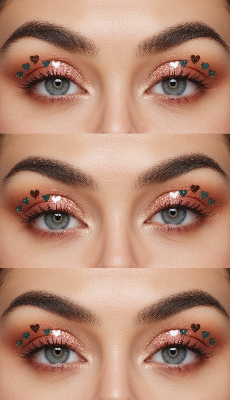 Peach eyeshadow with glitter hearts on eyelids