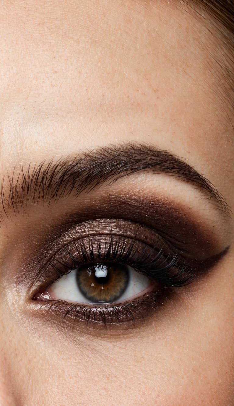 A close-up of an eye with dark chocolate eyeshadow and a defined crease, creating a sophisticated evening makeup look