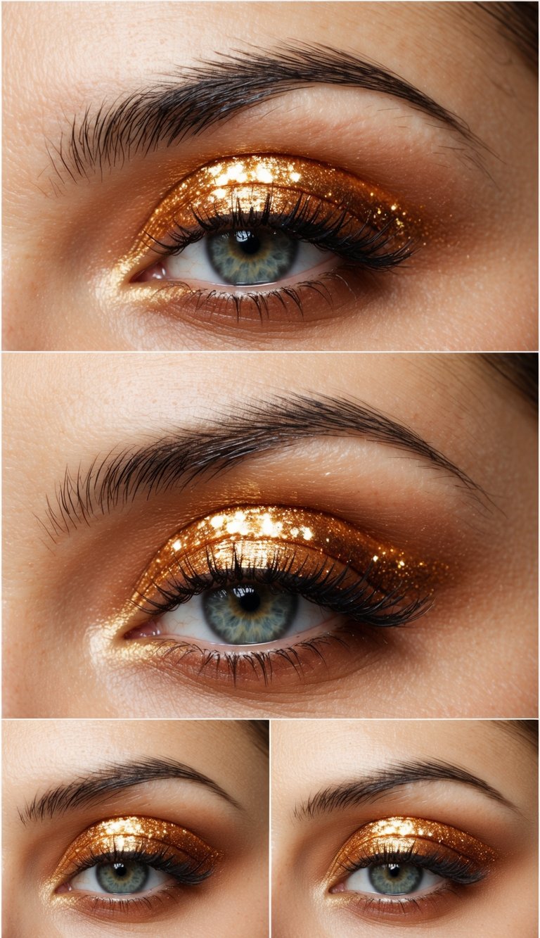 Glossy orange lids with gold flecks shimmering under soft lighting