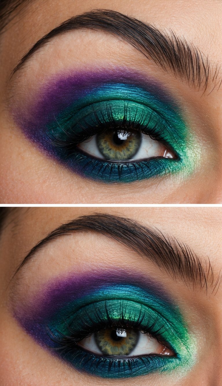 A close-up of vibrant purple and green gradient eyeshadow, creating a dramatic and attention-commanding eye makeup look