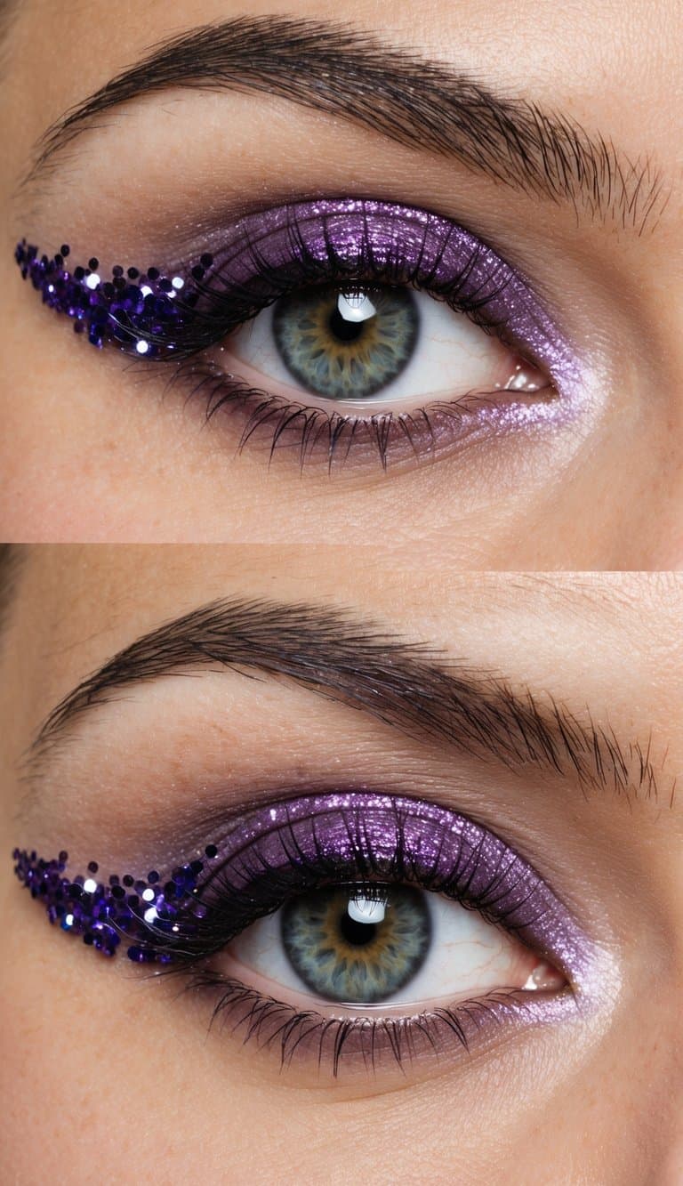 A close-up of an eye with purple glitter accent on the outer corners, creating a sophisticated evening makeup look