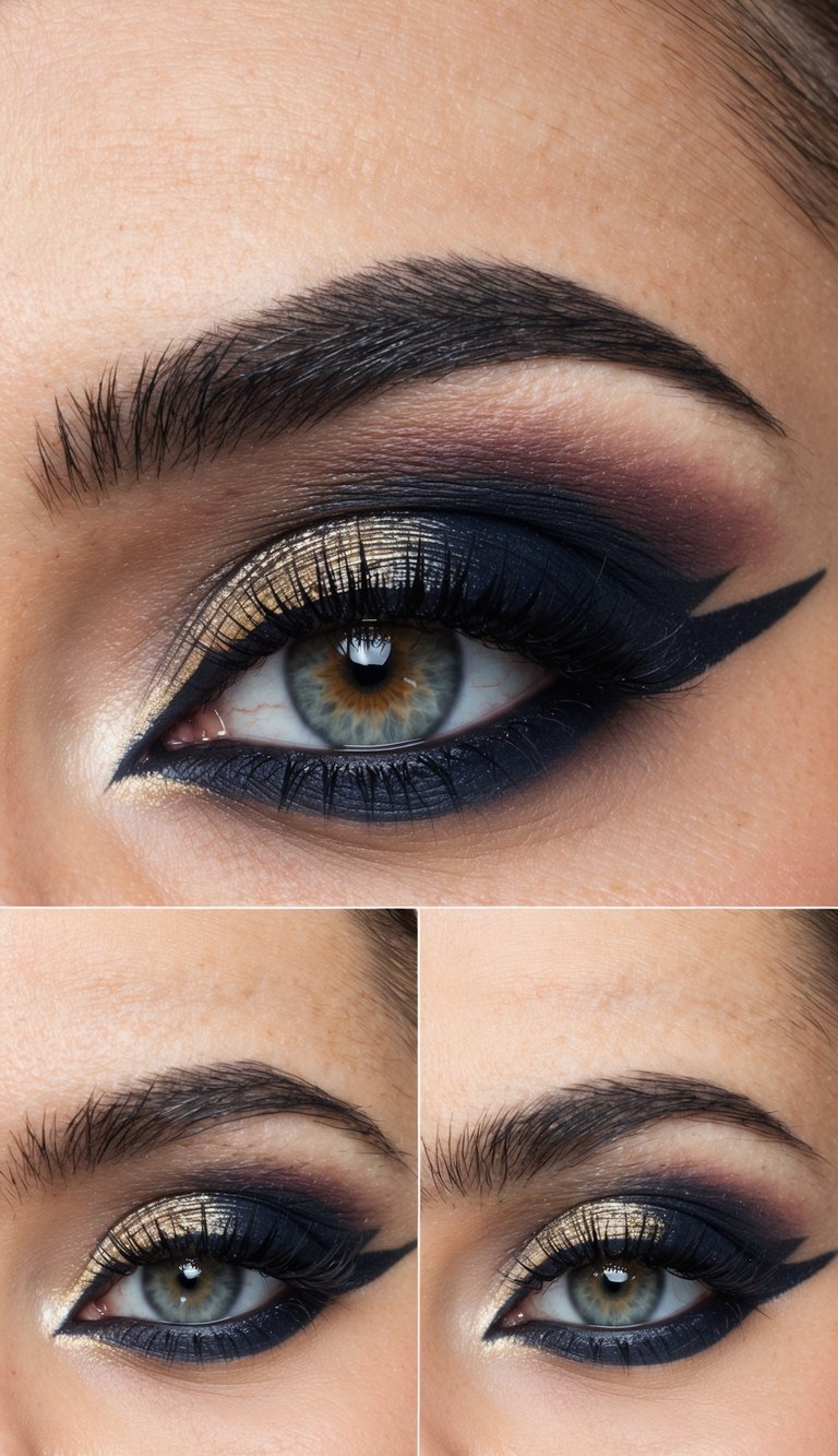 A close-up of an eye with a sharp, defined cut crease and dramatic eye makeup, commanding attention with bold colors and precise lines