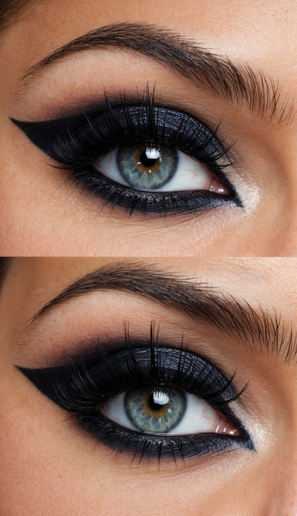 Close-up images of an eye with dramatic black eyeliner, using a bold winged style, and thick lashes. The eye has a blue iris with a hint of gold near the pupil.