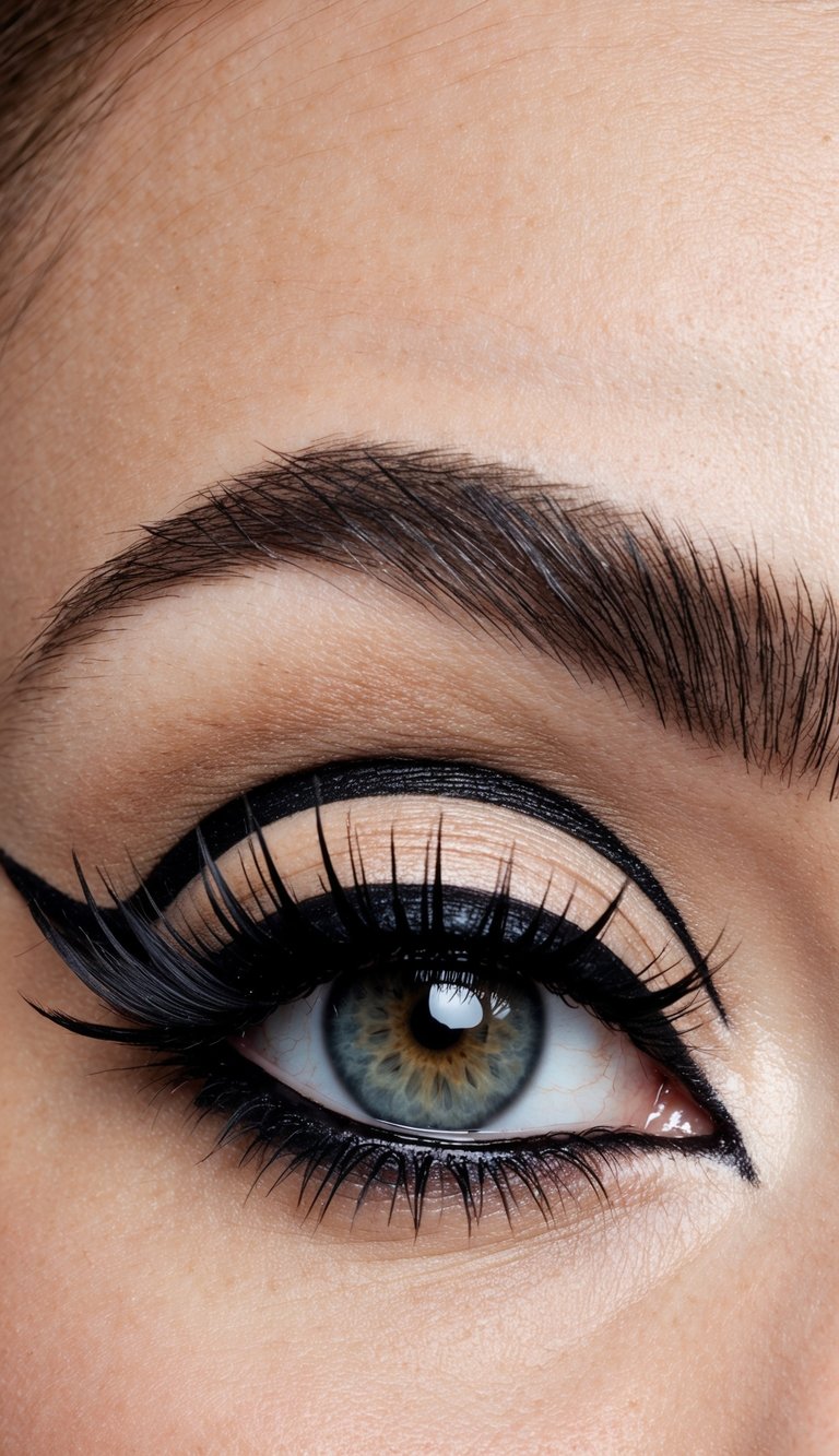 A bold, dramatic eye with sharp, razor-winged eyeliner, drawing attention with its striking and captivating look