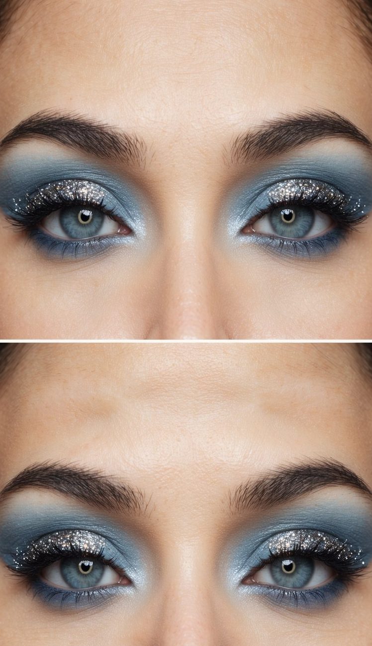 Matte sky blue lids with glitter eyeliner tips sparkle under soft lighting