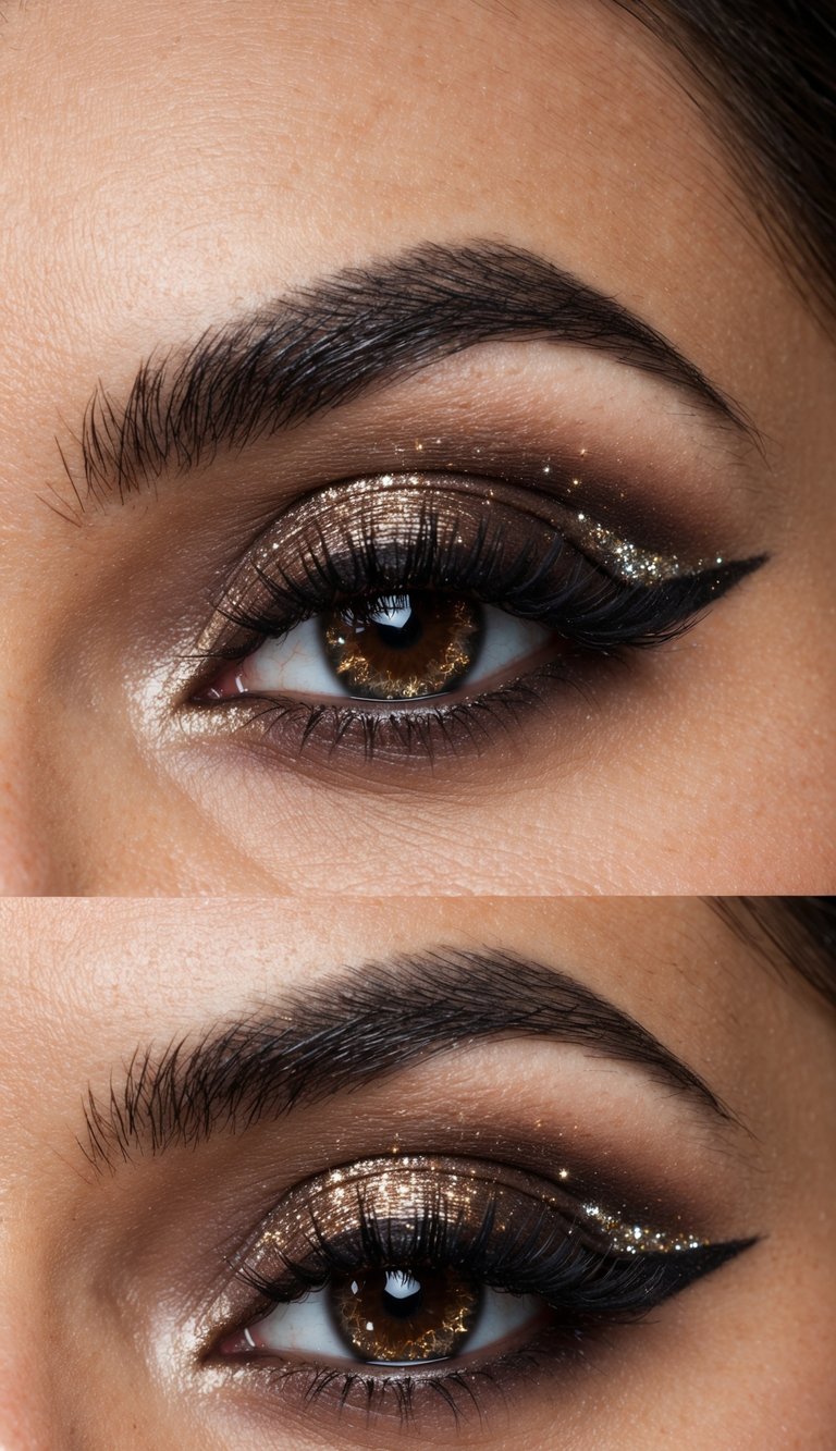 A close-up of a smokey brown eye with glitter accents, dramatic and attention-commanding
