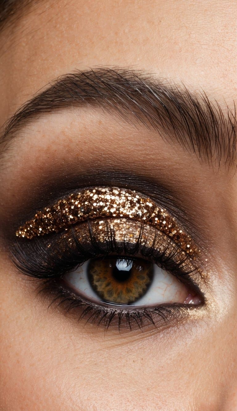 A close-up of a smokey eye with a bronze glitter topper, showcasing a sophisticated evening makeup look