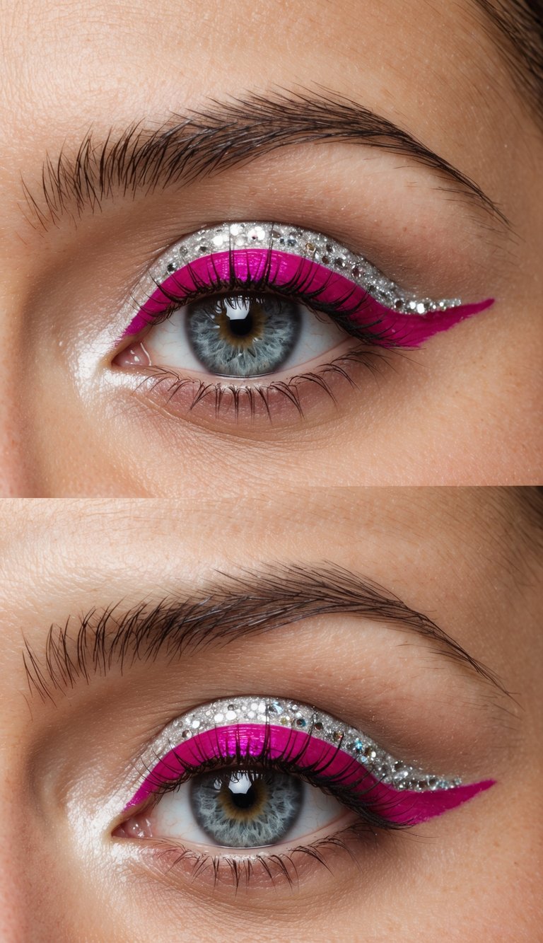 A close-up of an eye with fuchsia liner and silver twinkles
